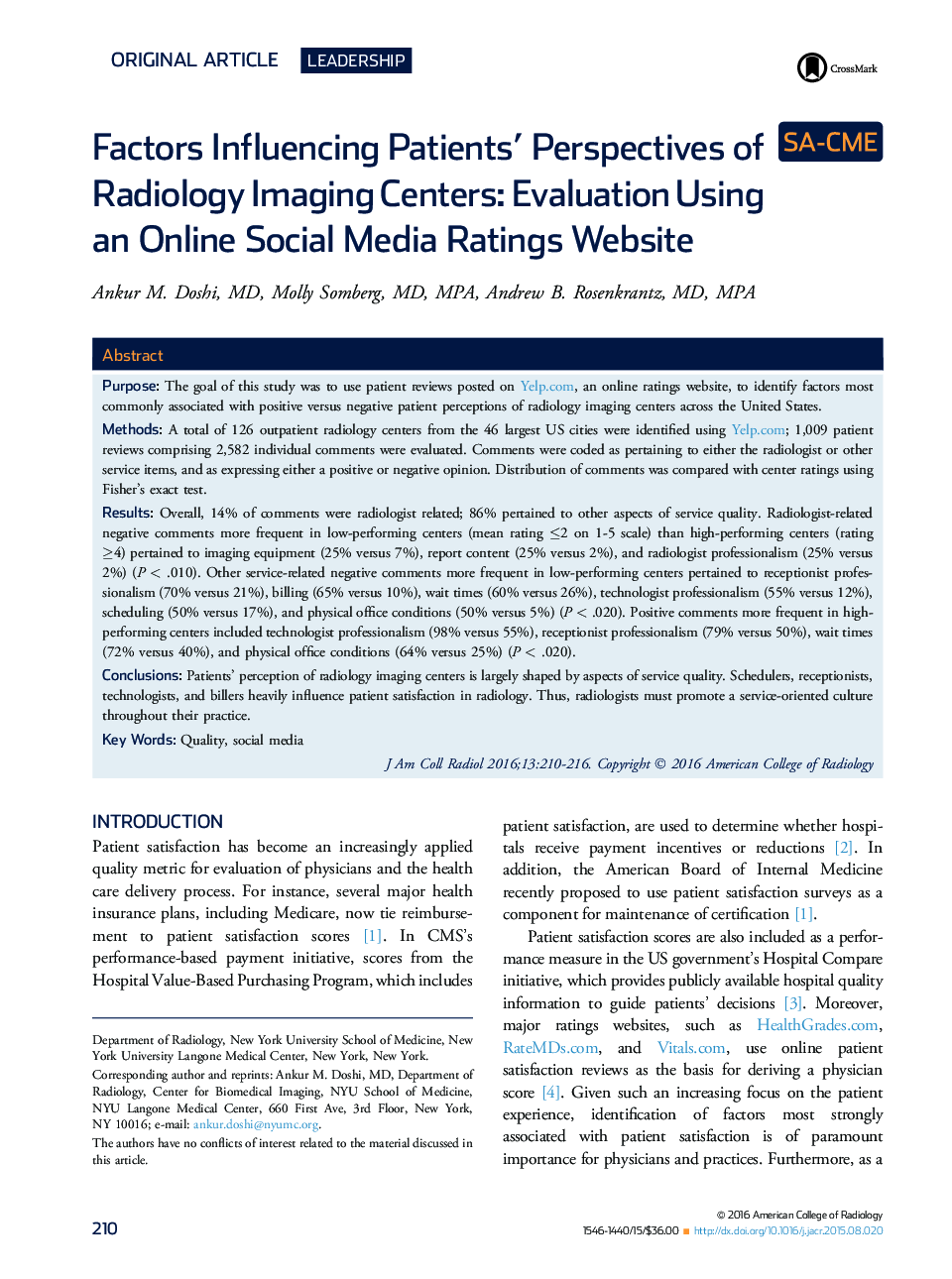 Factors Influencing Patients' Perspectives of Radiology Imaging Centers: Evaluation Using an Online Social Media Ratings Website