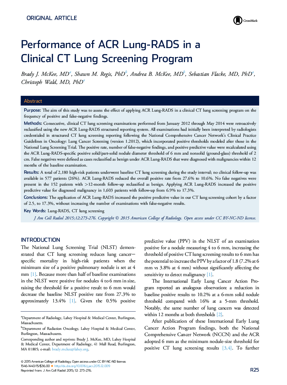 Performance of ACR Lung-RADS in a Clinical CT Lung Screening Program