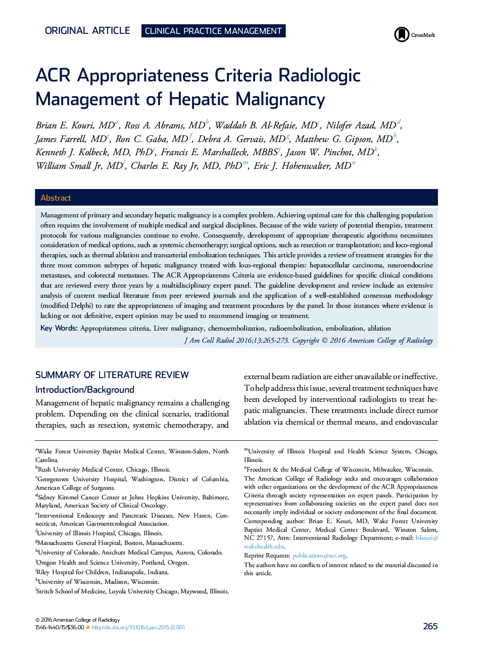 ACR Appropriateness Criteria Radiologic Management of Hepatic Malignancy