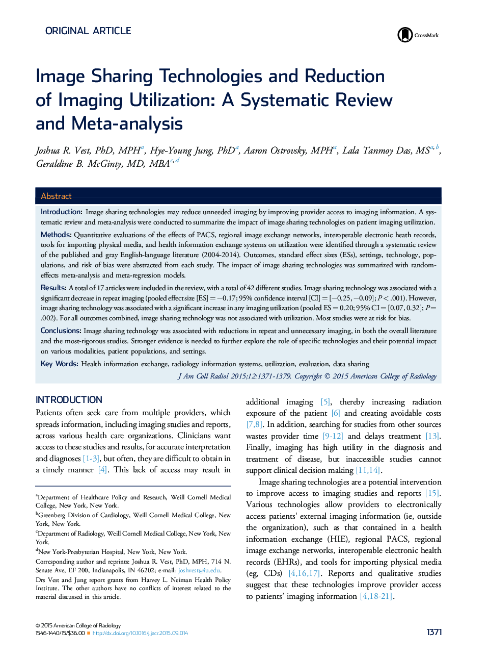 Image Sharing Technologies and Reduction ofÂ Imaging Utilization: A Systematic Review andÂ Meta-analysis