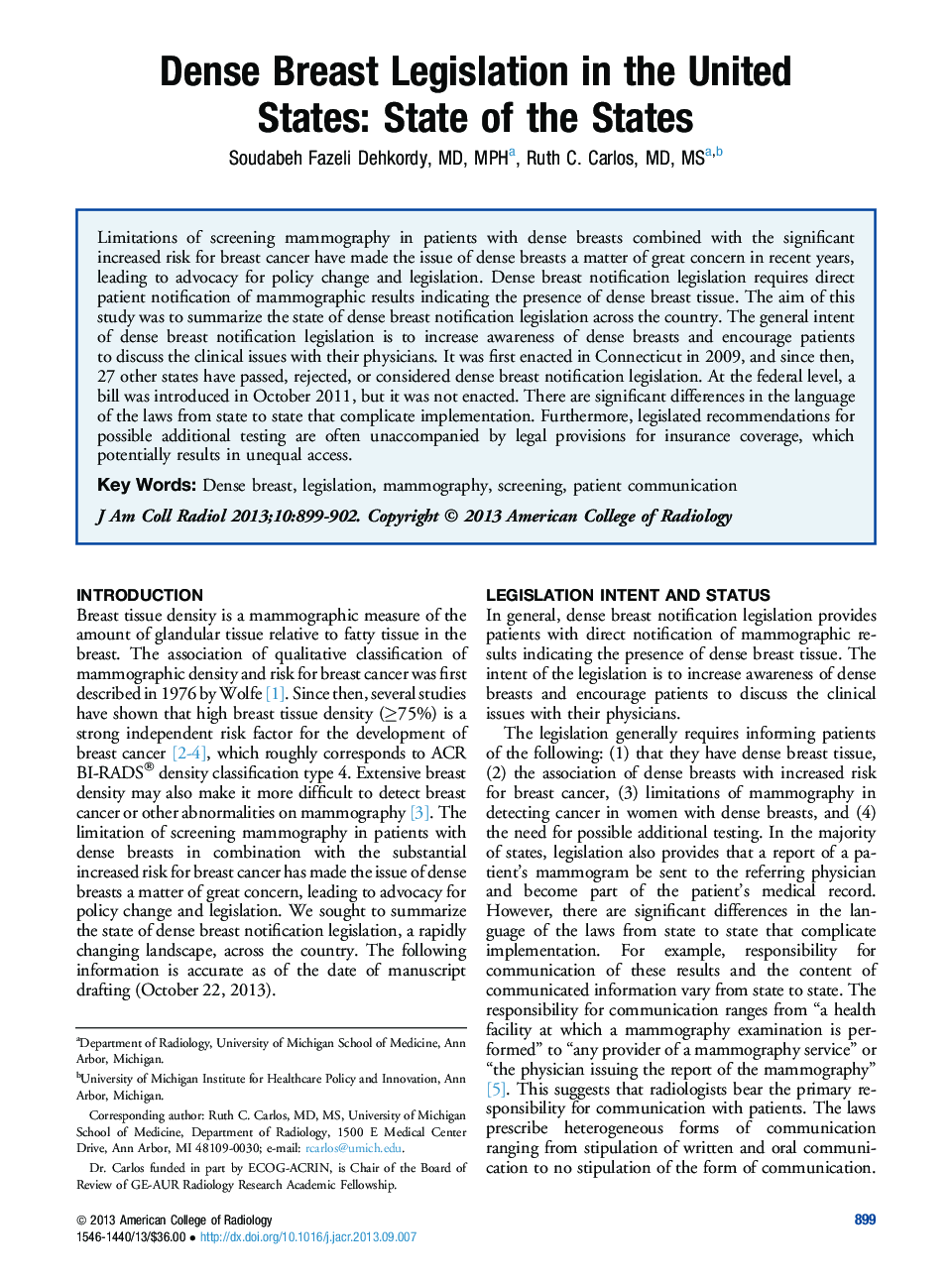 Dense Breast Legislation in the United States: State of the States