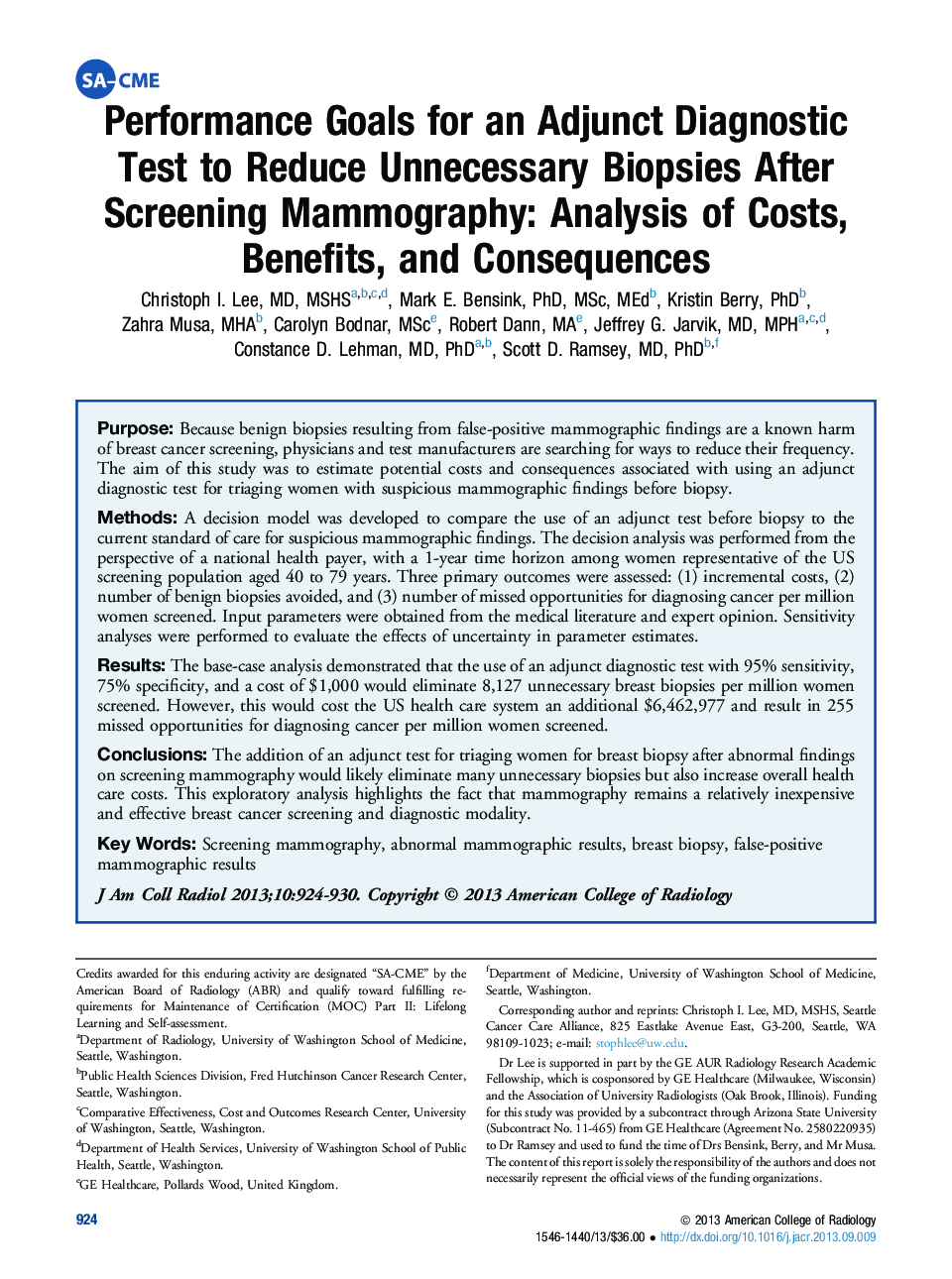 Performance Goals for an Adjunct Diagnostic Test to Reduce Unnecessary Biopsies After Screening Mammography: Analysis of Costs, Benefits, and Consequences