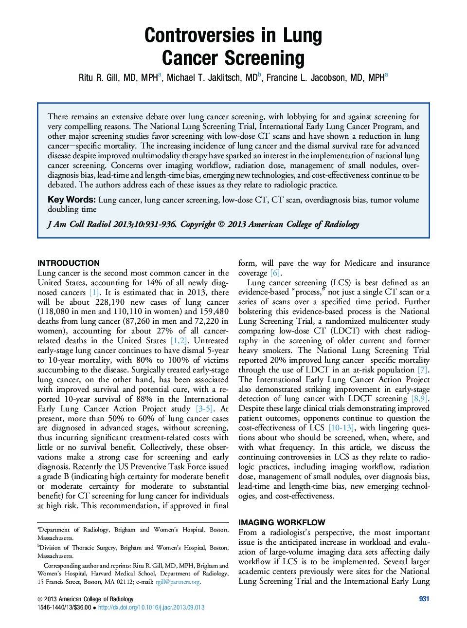 Controversies in Lung Cancer Screening