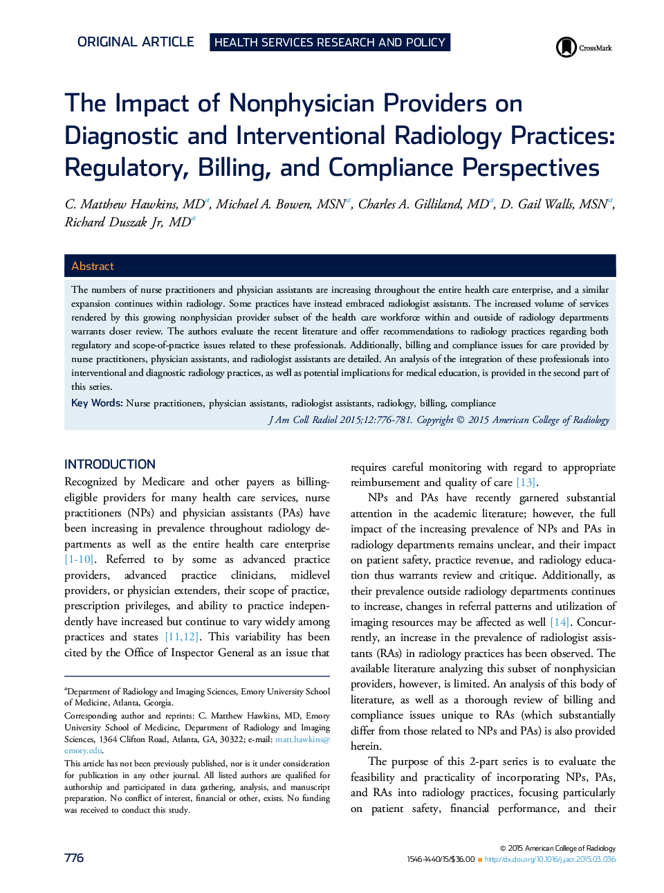 تأثیر ارائه دهندگان غیرفیزیک در روشهای رادیولوژی تشخیصی و مداخله: تنظیمات، صورتحساب و دیدگاههای مطابقت 
