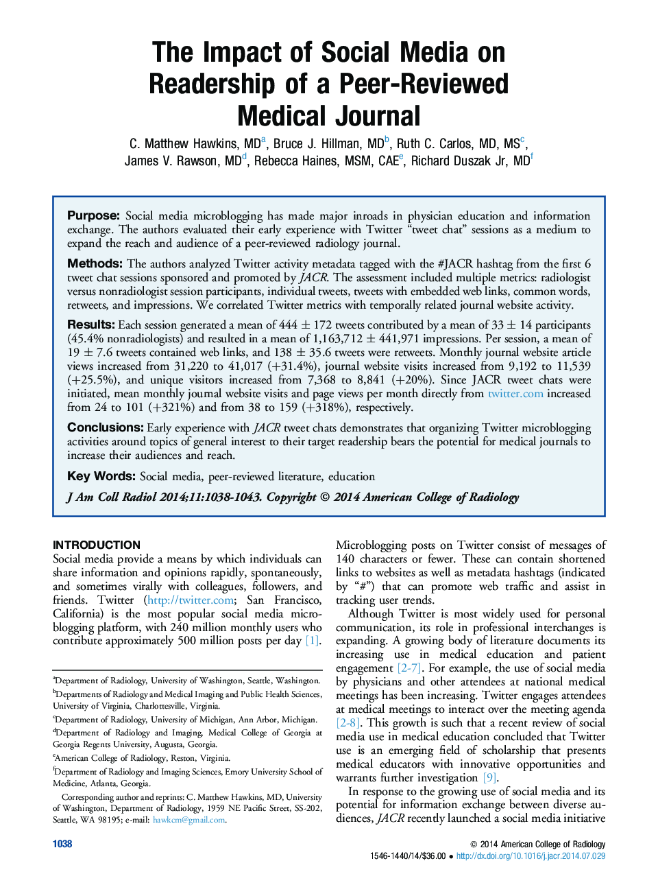 The Impact of Social Media on Readership of a Peer-Reviewed Medical Journal