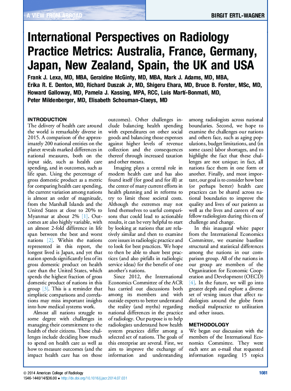 International Perspectives on Radiology Practice Metrics: Australia, France, Germany, Japan, New Zealand, Spain, the UK and USA