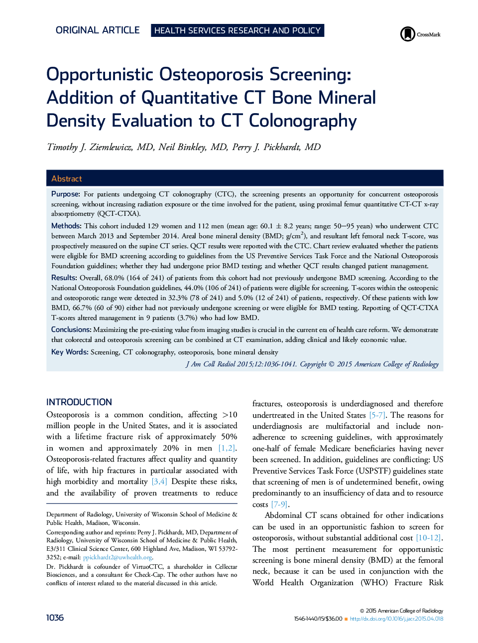 Opportunistic Osteoporosis Screening: Addition of Quantitative CT Bone Mineral Density Evaluation to CT Colonography