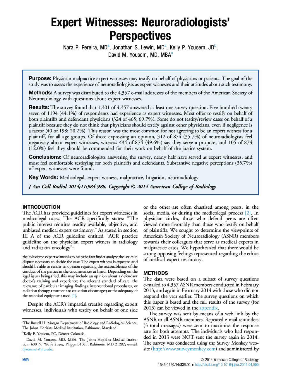 Expert Witnesses: Neuroradiologists' Perspectives