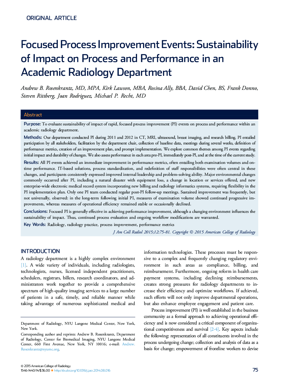 Focused Process Improvement Events: Sustainability of Impact on Process and Performance in an Academic Radiology Department