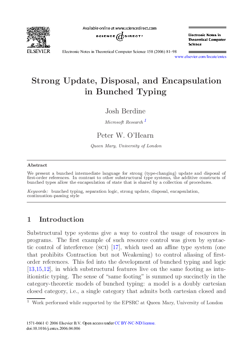 Strong Update, Disposal, and Encapsulation in Bunched Typing