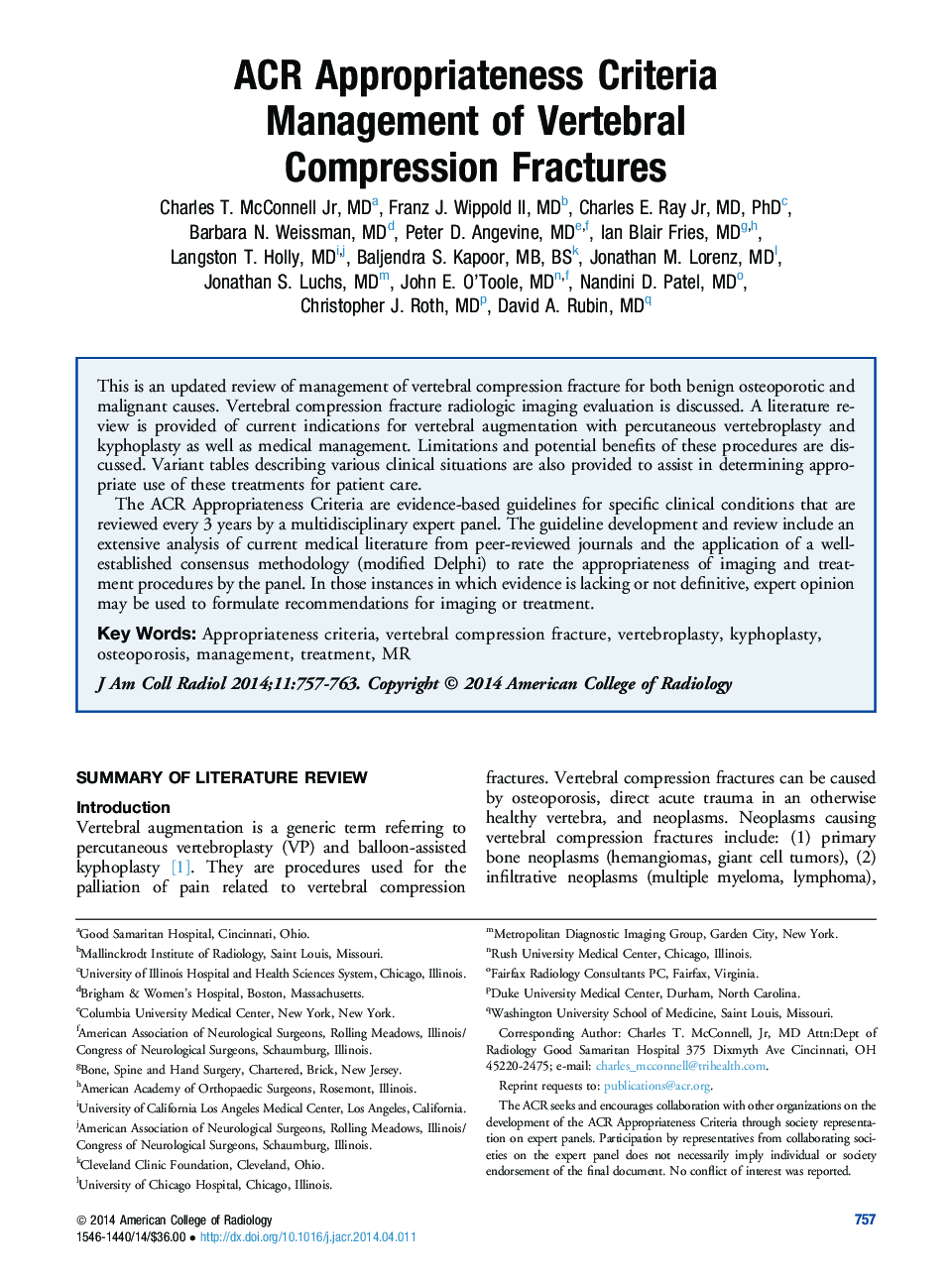 ACR Appropriateness Criteria Management of Vertebral Compression Fractures