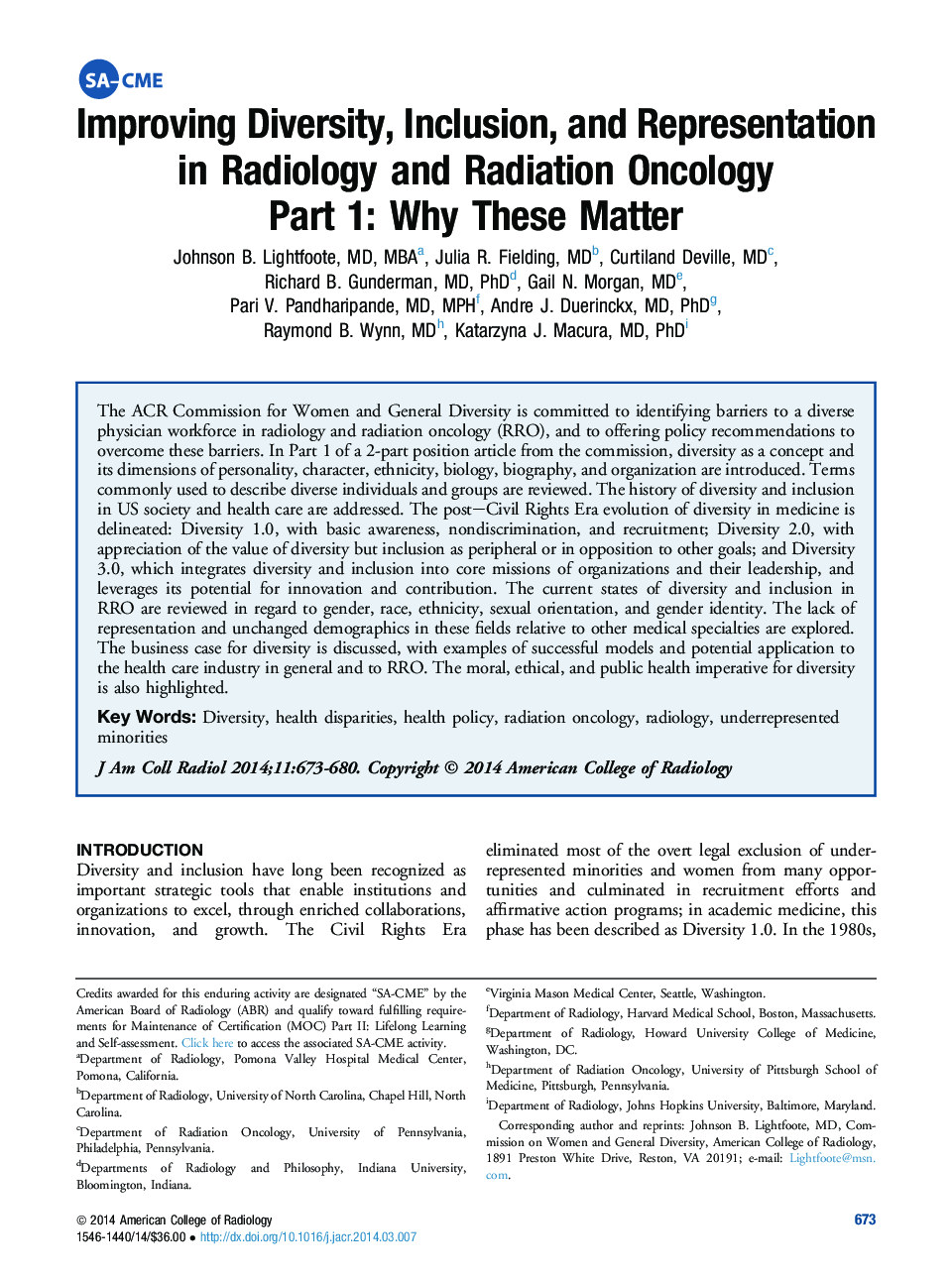 بهبود تنوع، مشارکت و نمایندگی در رادیولوژی و رادیولوژی آنکولوژی بخش 1: چرا این مواد 