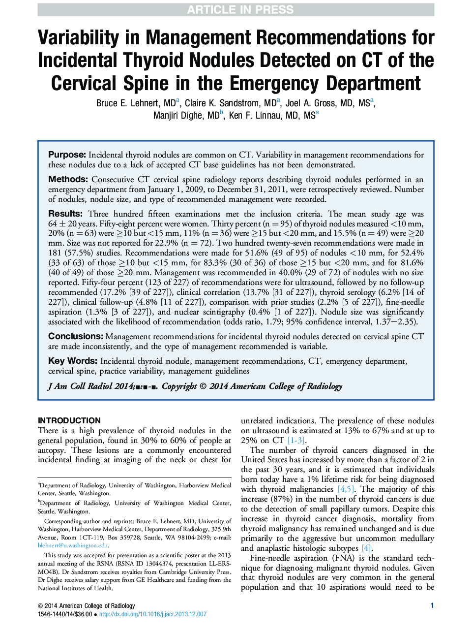 Variability in Management Recommendations for Incidental Thyroid Nodules Detected on CT of the Cervical Spine in the Emergency Department