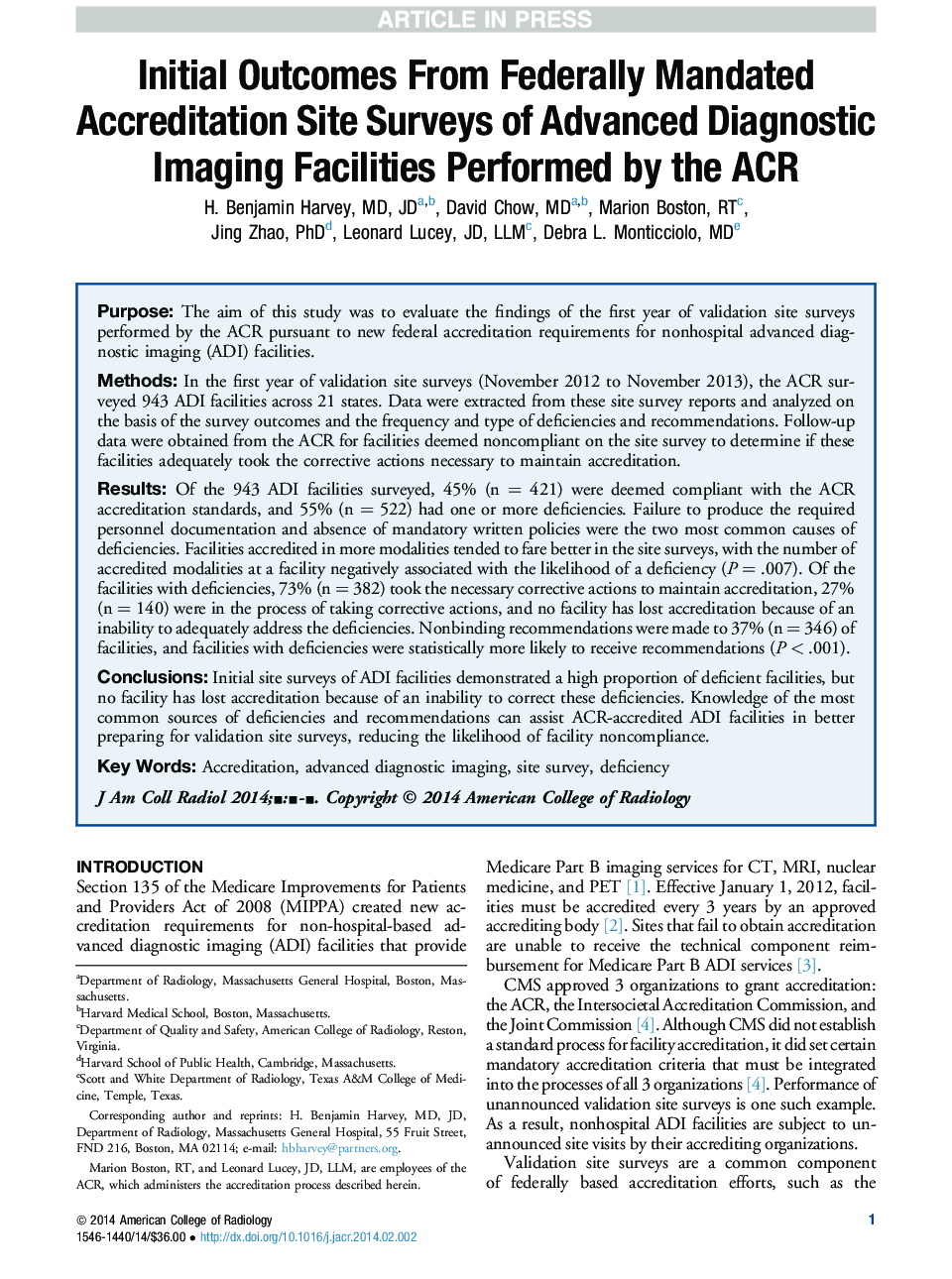 Initial Outcomes From Federally Mandated Accreditation Site Surveys of Advanced Diagnostic Imaging Facilities Performed by the ACR