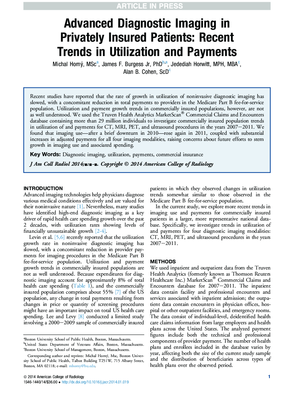 Advanced Diagnostic Imaging in Privately Insured Patients: Recent Trends in Utilization and Payments