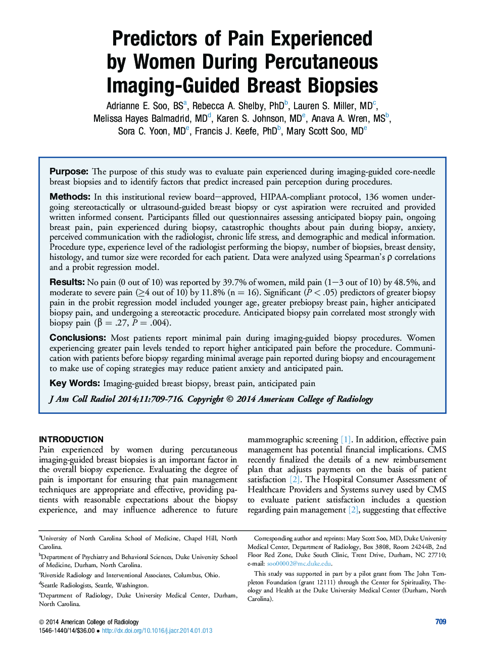 Predictors of Pain Experienced byÂ Women During Percutaneous Imaging-Guided Breast Biopsies