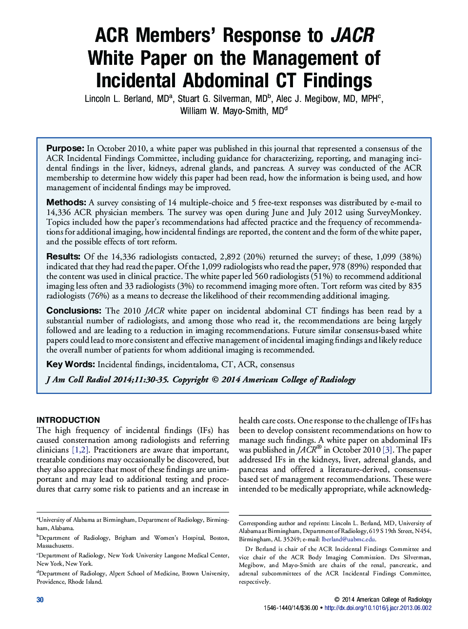 ACR Members' Response to JACR White Paper on the Management of Incidental Abdominal CT Findings