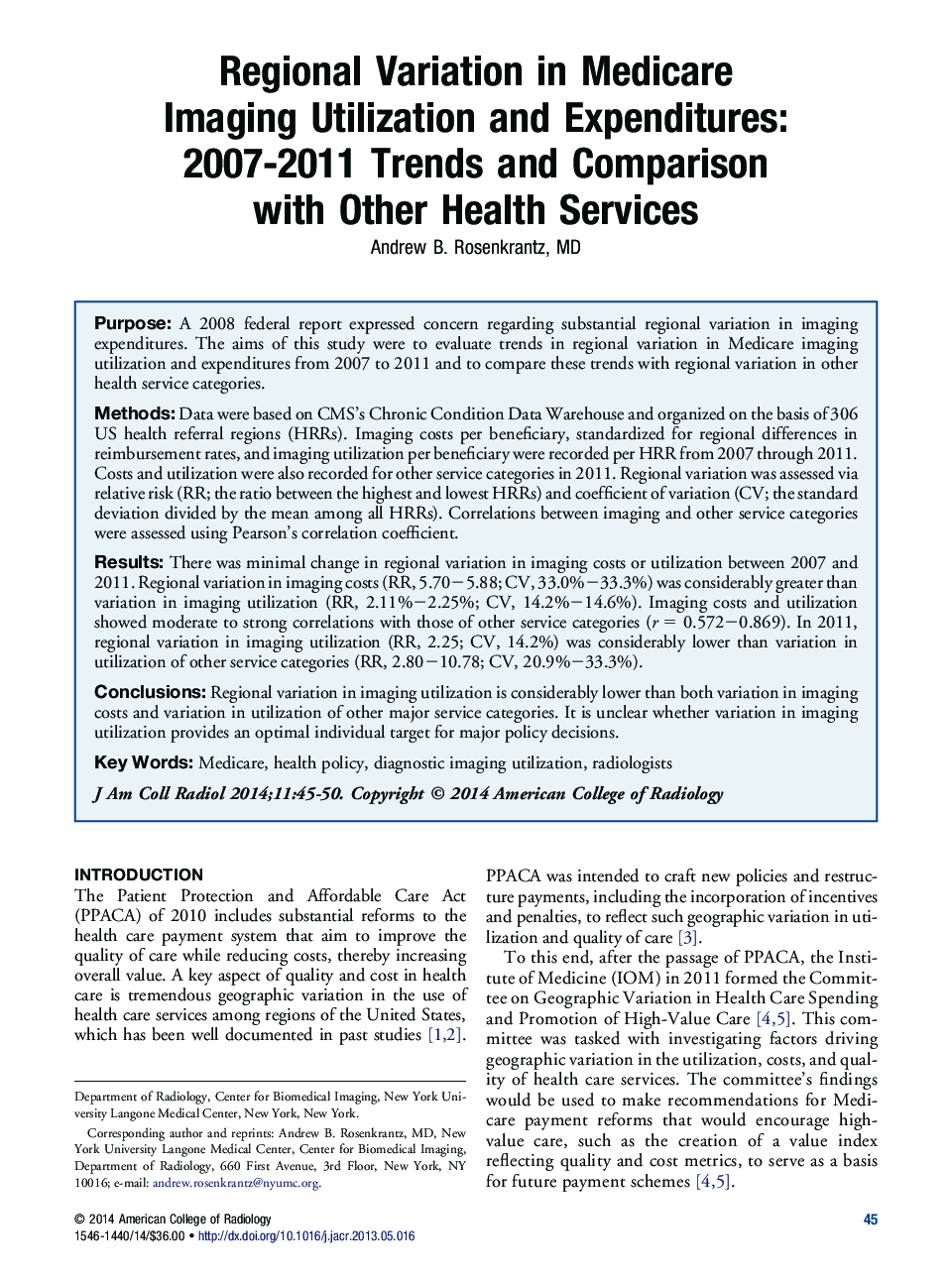 Regional Variation in Medicare Imaging Utilization and Expenditures: 2007-2011 Trends and Comparison with Other Health Services