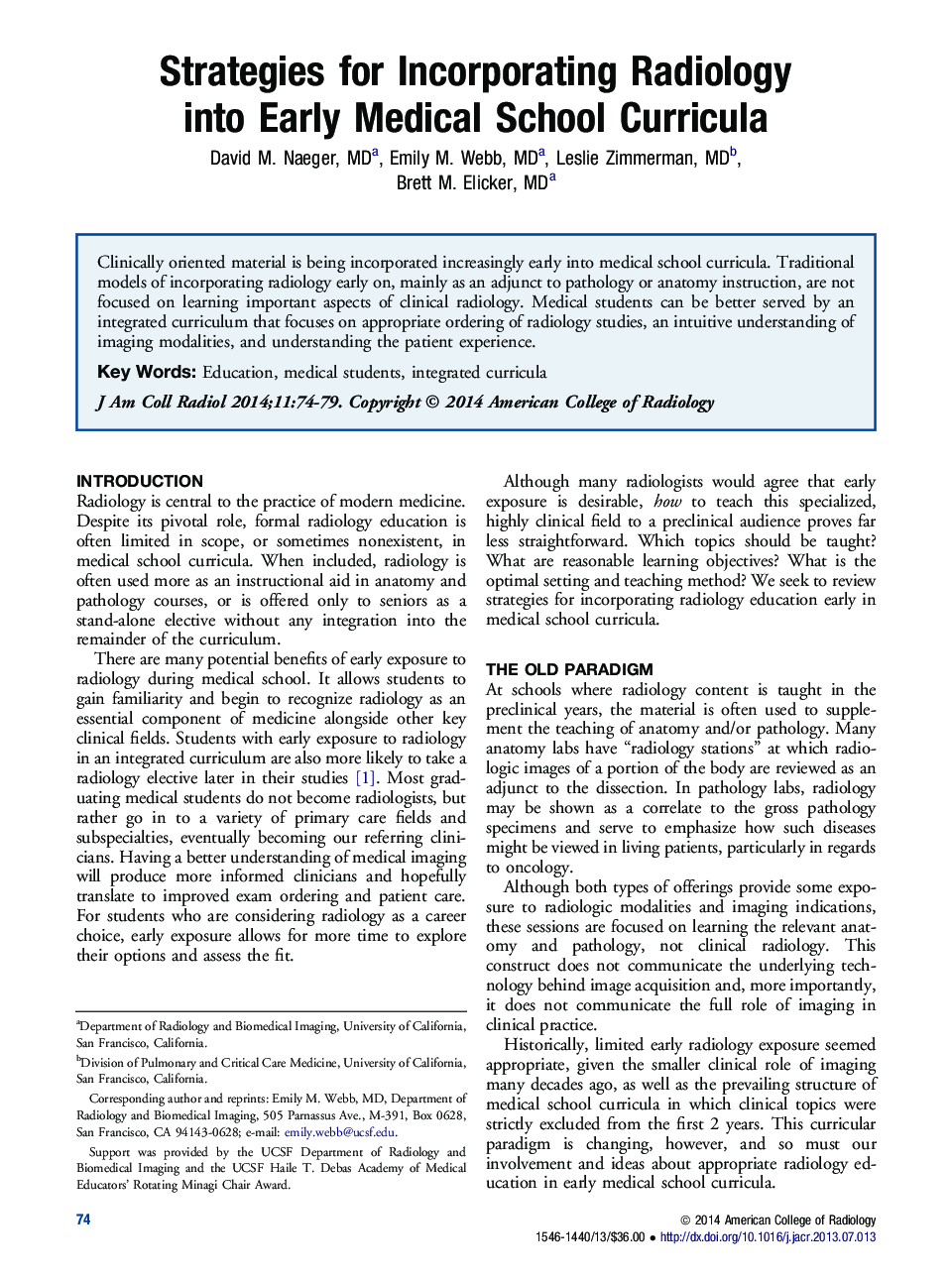 Strategies for Incorporating Radiology into Early Medical School Curricula