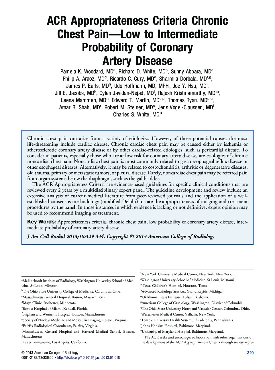 ACR Appropriateness Criteria Chronic Chest Pain-Low to Intermediate Probability of Coronary Artery Disease