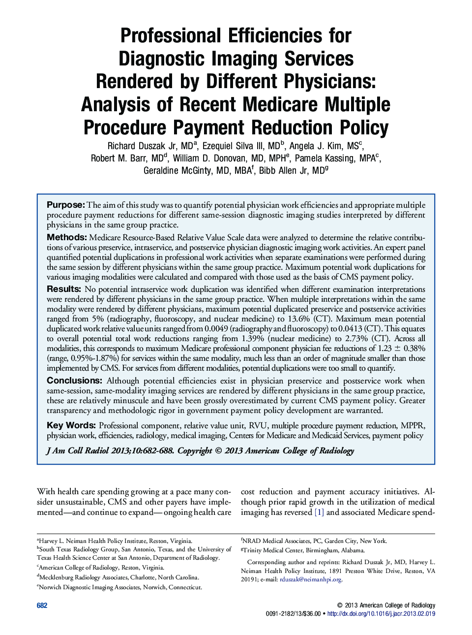 Professional Efficiencies for Diagnostic Imaging Services Rendered by Different Physicians: Analysis of Recent Medicare Multiple Procedure Payment Reduction Policy