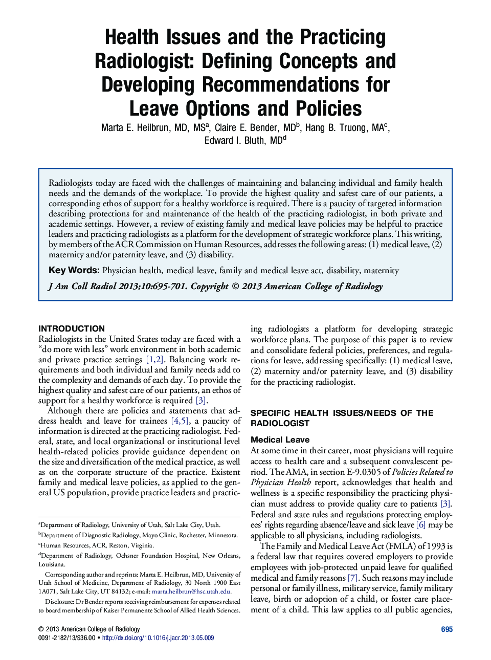 Health Issues and the Practicing Radiologist: Defining Concepts and Developing Recommendations for Leave Options and Policies