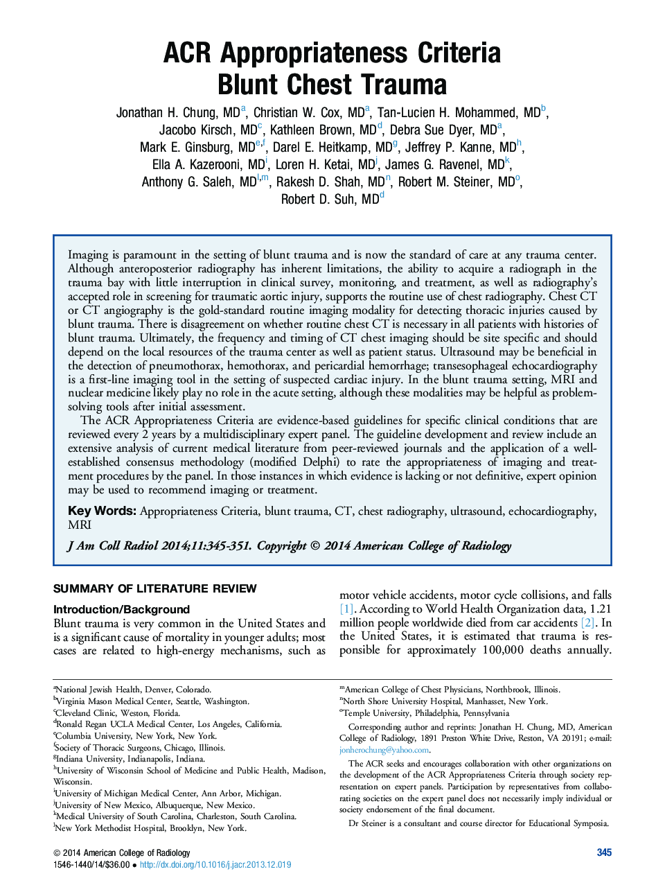 ACR Appropriateness Criteria Blunt Chest Trauma