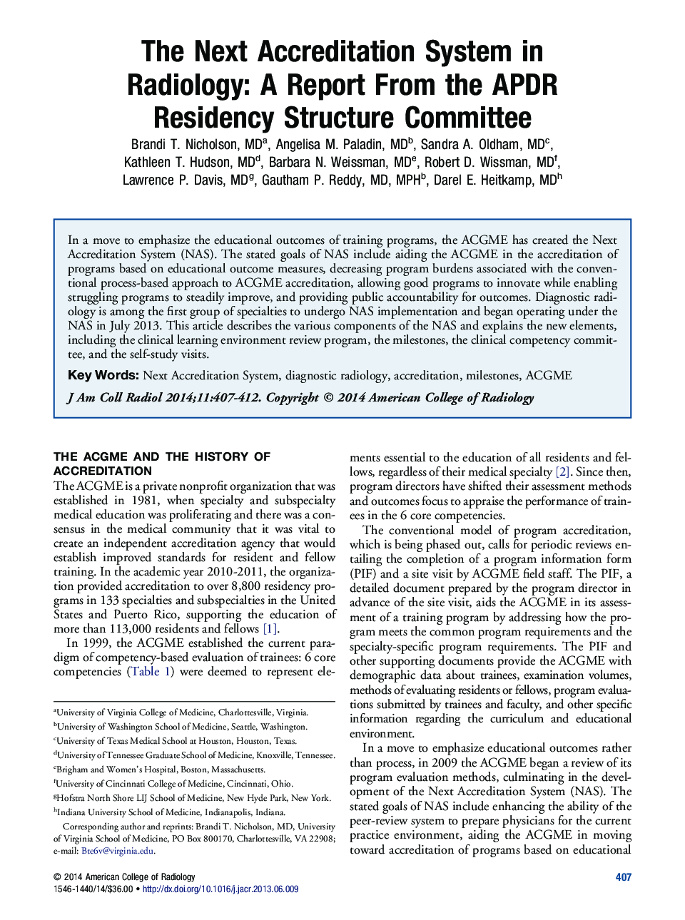 The Next Accreditation System in Radiology: A Report From the APDR Residency Structure Committee