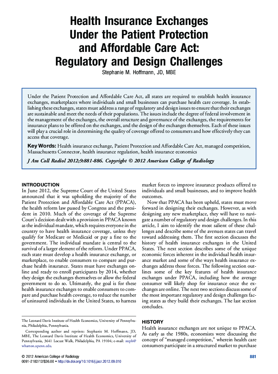 Health Insurance Exchanges Under the Patient Protection and Affordable Care Act: Regulatory and Design Challenges