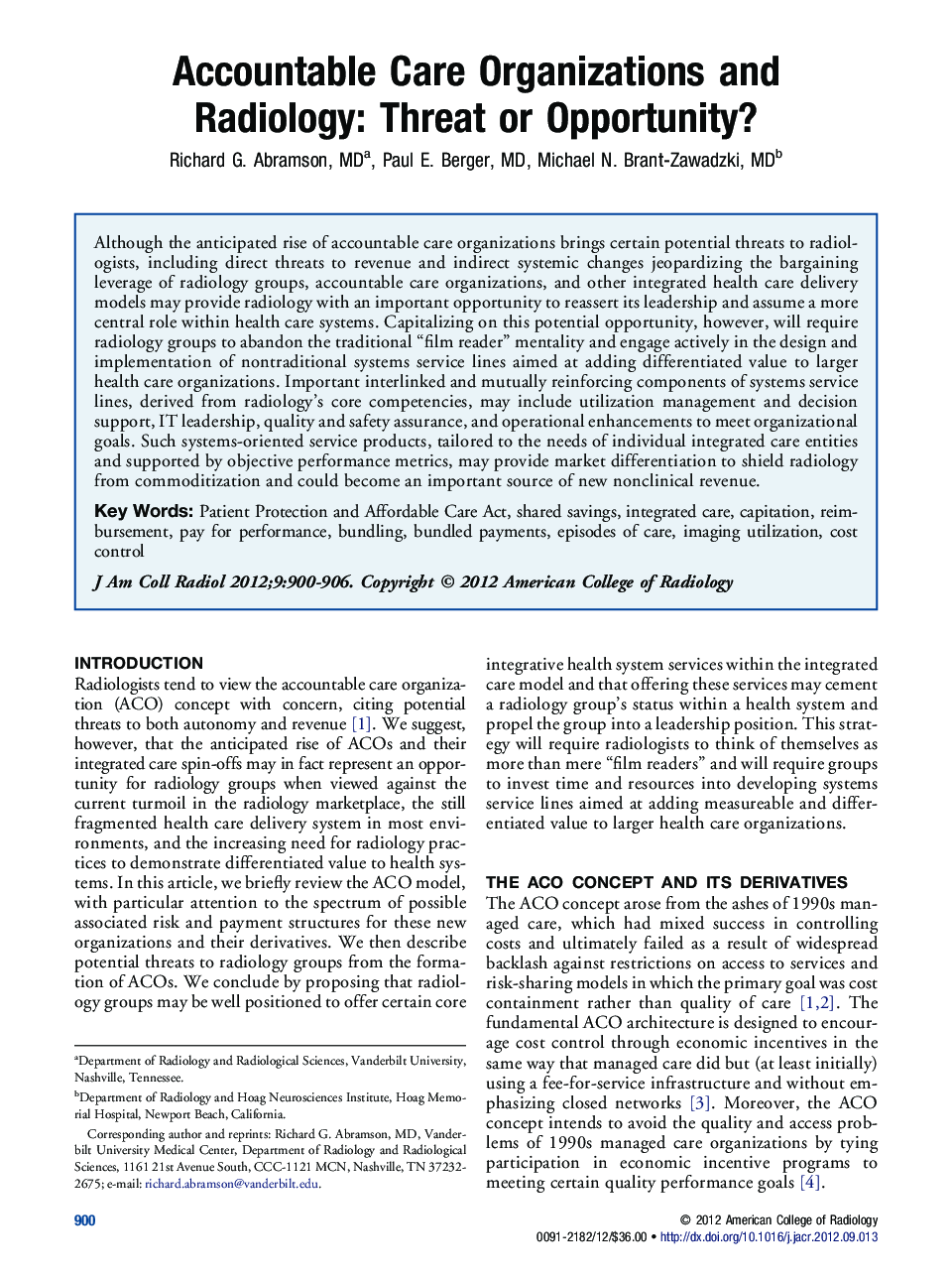 Accountable Care Organizations and Radiology: Threat or Opportunity?