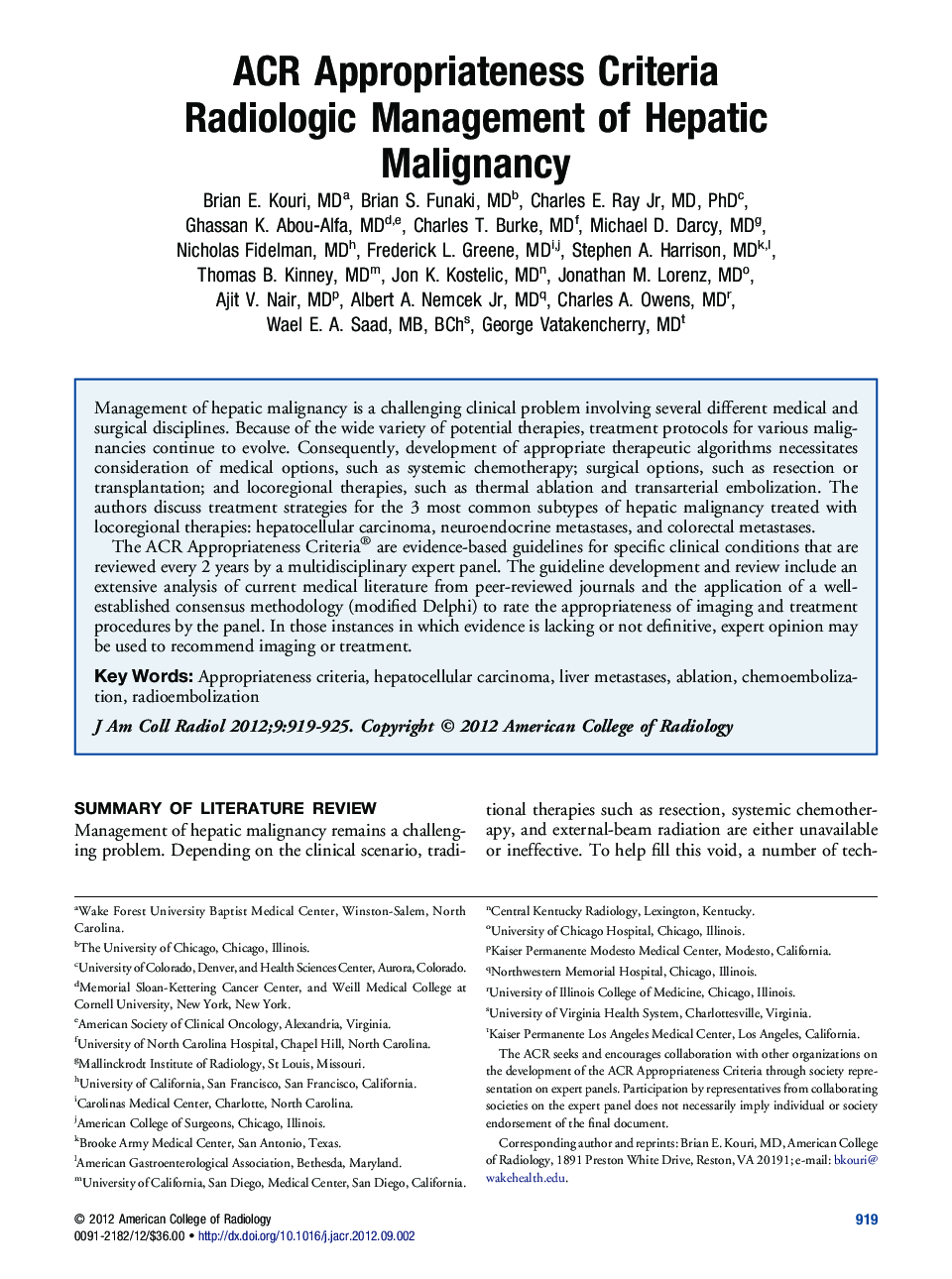 ACR Appropriateness Criteria Radiologic Management of Hepatic Malignancy