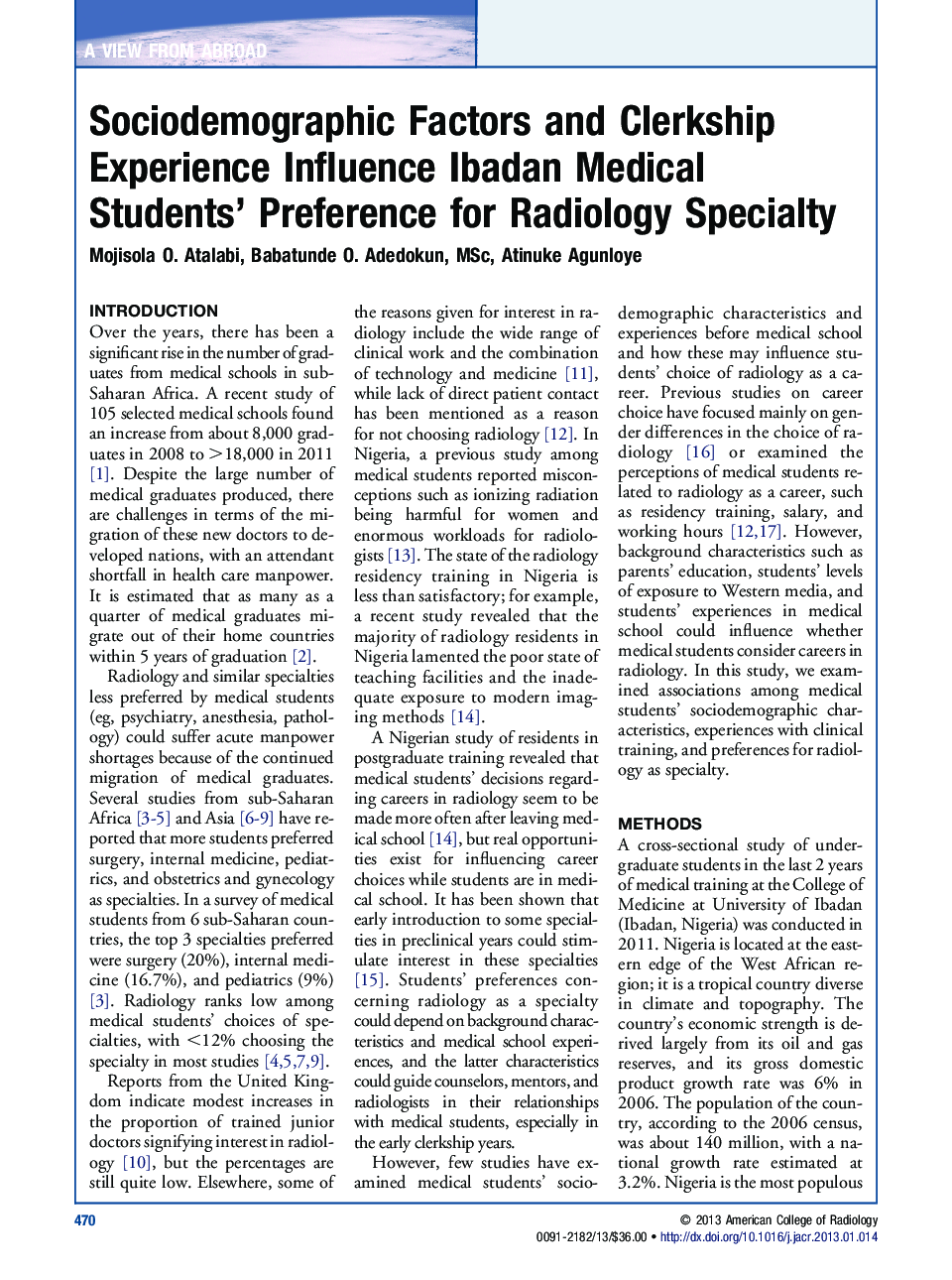 Sociodemographic Factors and Clerkship Experience Influence Ibadan Medical Students' Preference for Radiology Specialty