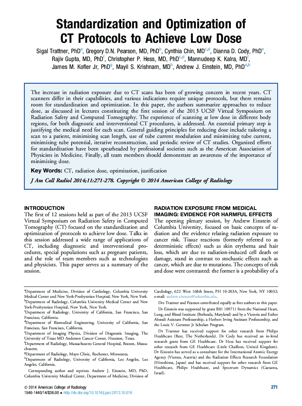 Standardization and Optimization of CT Protocols to Achieve LowÂ Dose