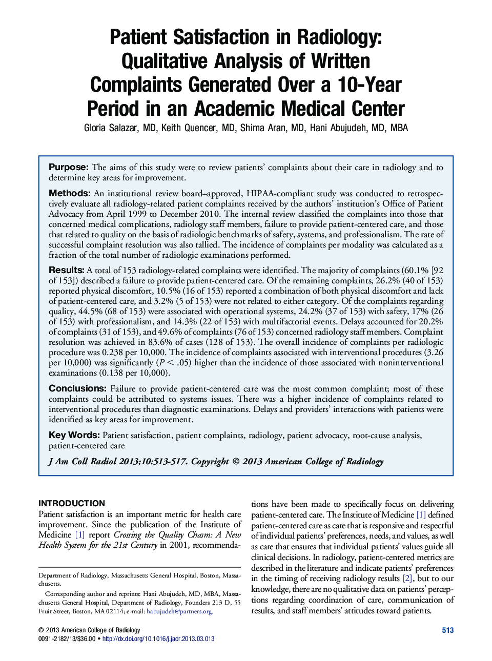 Patient Satisfaction in Radiology: Qualitative Analysis of Written Complaints Generated Over a 10-Year Period in an Academic Medical Center