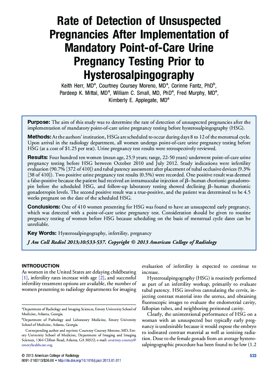 Rate of Detection of Unsuspected Pregnancies After Implementation of Mandatory Point-of-Care Urine Pregnancy Testing Prior to Hysterosalpingography