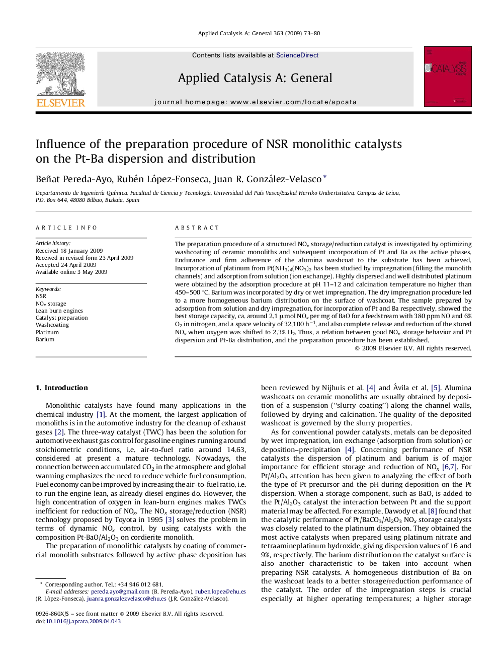 Influence of the preparation procedure of NSR monolithic catalysts on the Pt-Ba dispersion and distribution