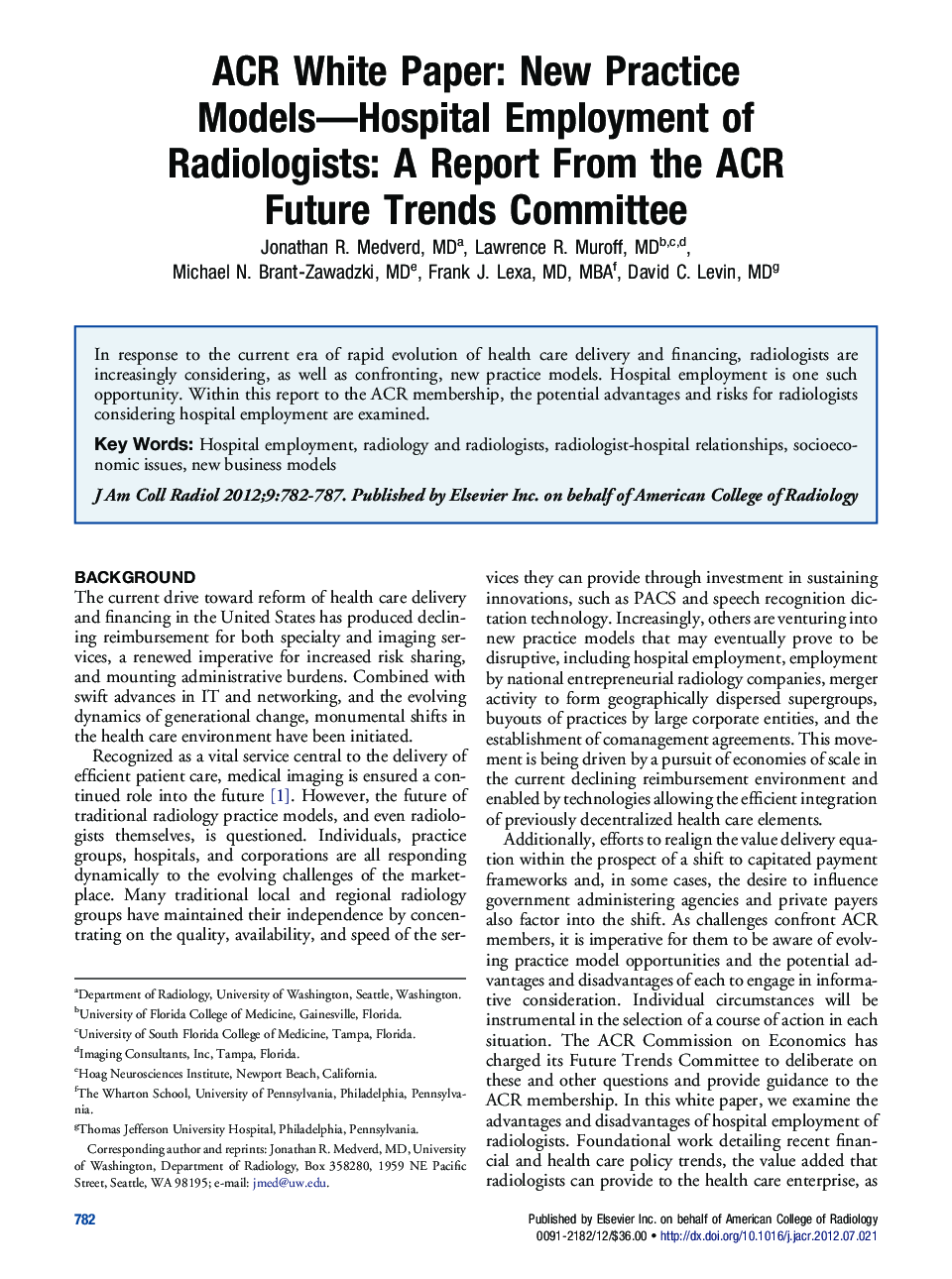 ACR White Paper: New Practice Models-Hospital Employment of Radiologists: A Report From the ACR Future Trends Committee