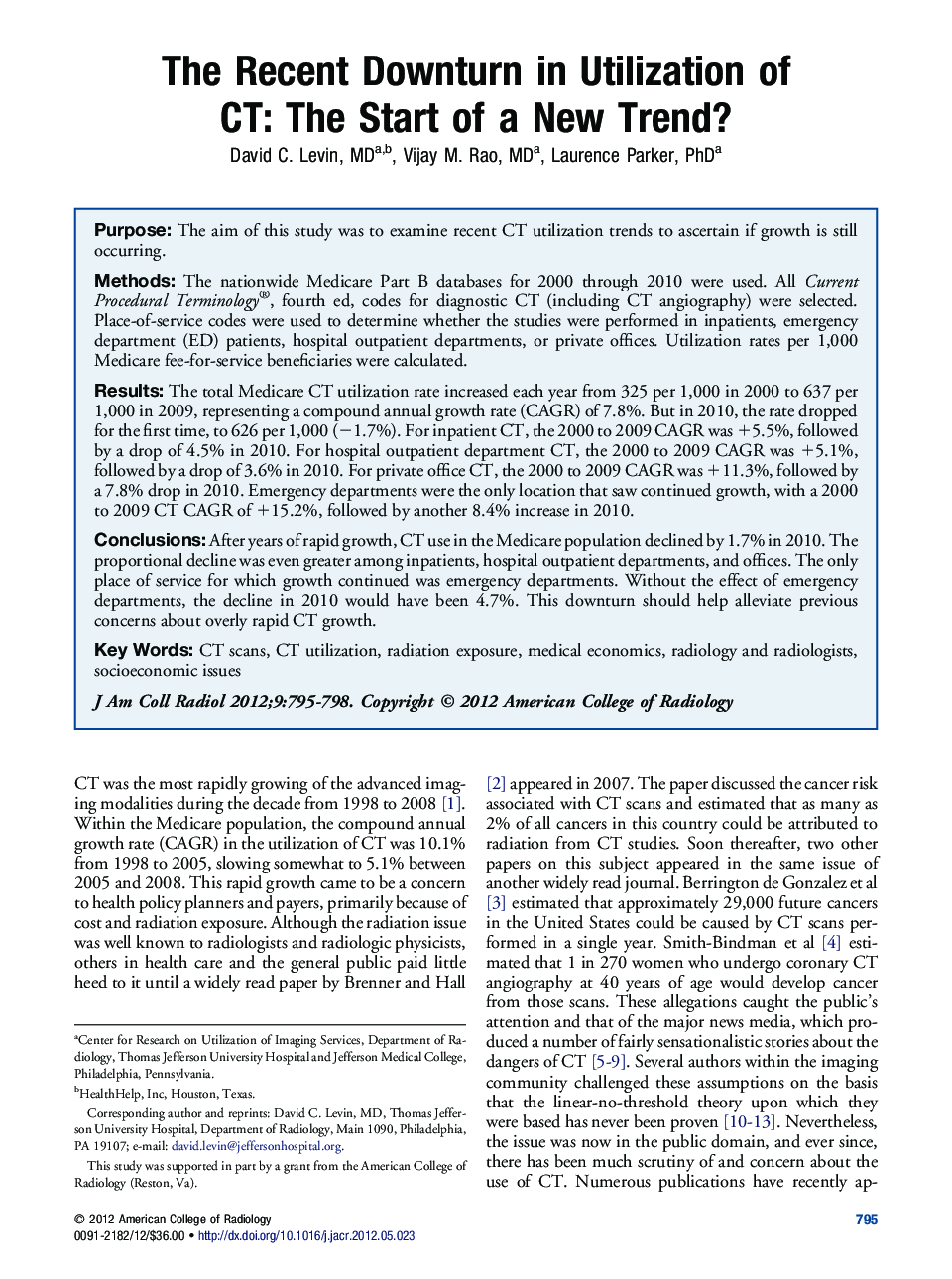 The Recent Downturn in Utilization of CT: The Start of a New Trend?