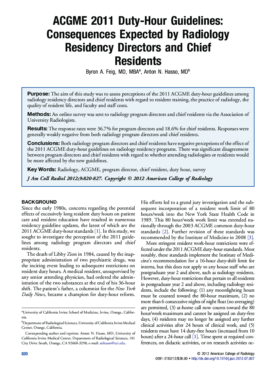 ACGME 2011 Duty-Hour Guidelines: Consequences Expected by Radiology Residency Directors and Chief Residents