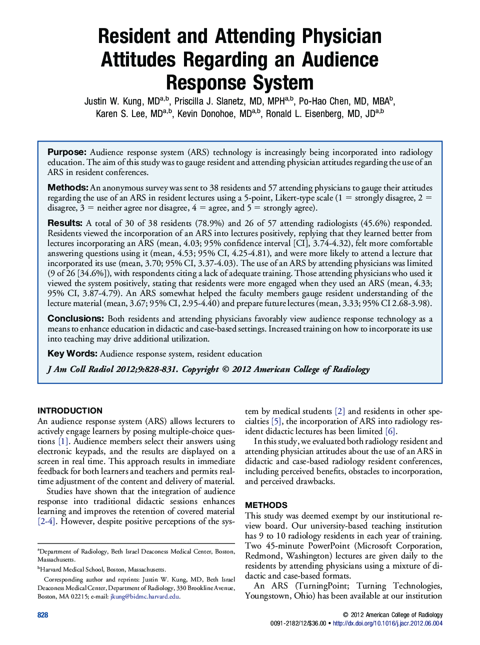 Resident and Attending Physician Attitudes Regarding an Audience Response System