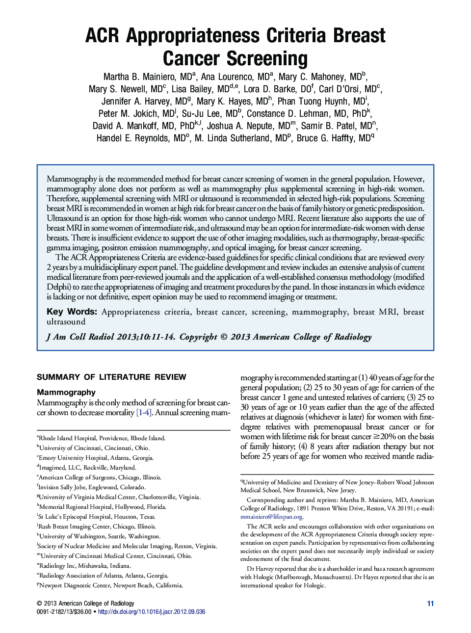 ACR Appropriateness Criteria Breast Cancer Screening