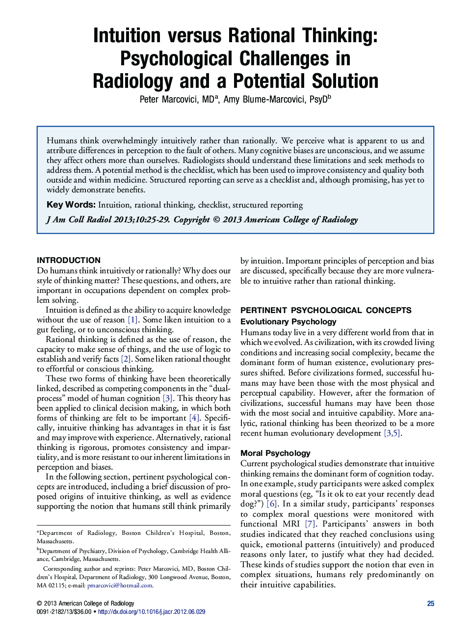 Intuition versus Rational Thinking: Psychological Challenges in Radiology and a Potential Solution