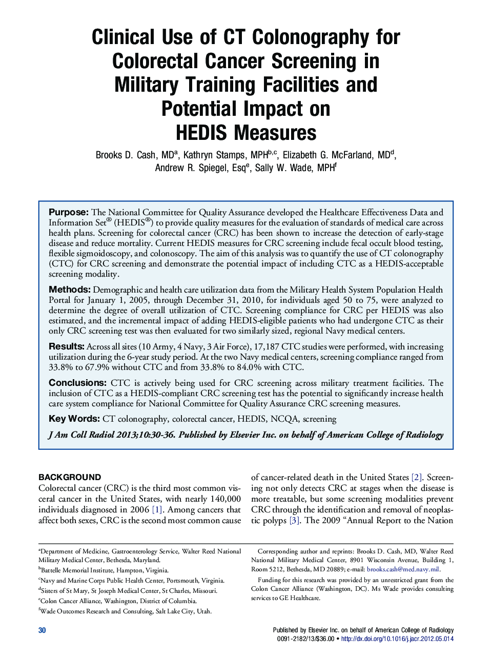 Clinical Use of CT Colonography for Colorectal Cancer Screening in Military Training Facilities and Potential Impact on HEDIS Measures