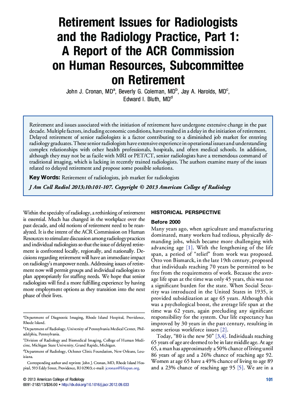 Retirement Issues for Radiologists and the Radiology Practice, Part 1: A Report of the ACR Commission on Human Resources, Subcommittee on Retirement