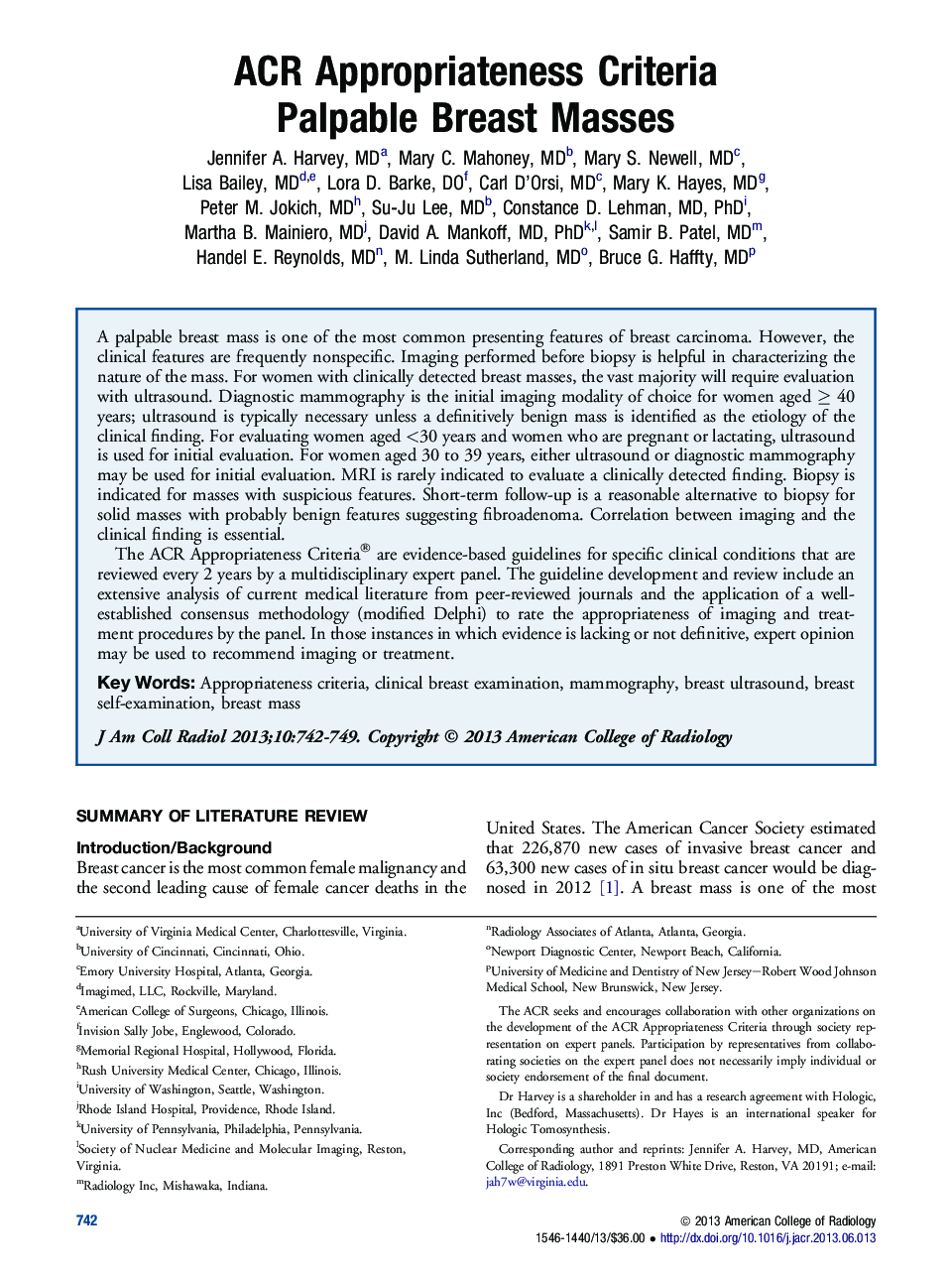 ACR Appropriateness Criteria PalpableÂ Breast Masses