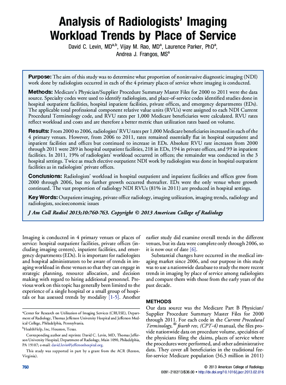 Analysis of Radiologists' Imaging Workload Trends by Place of Service