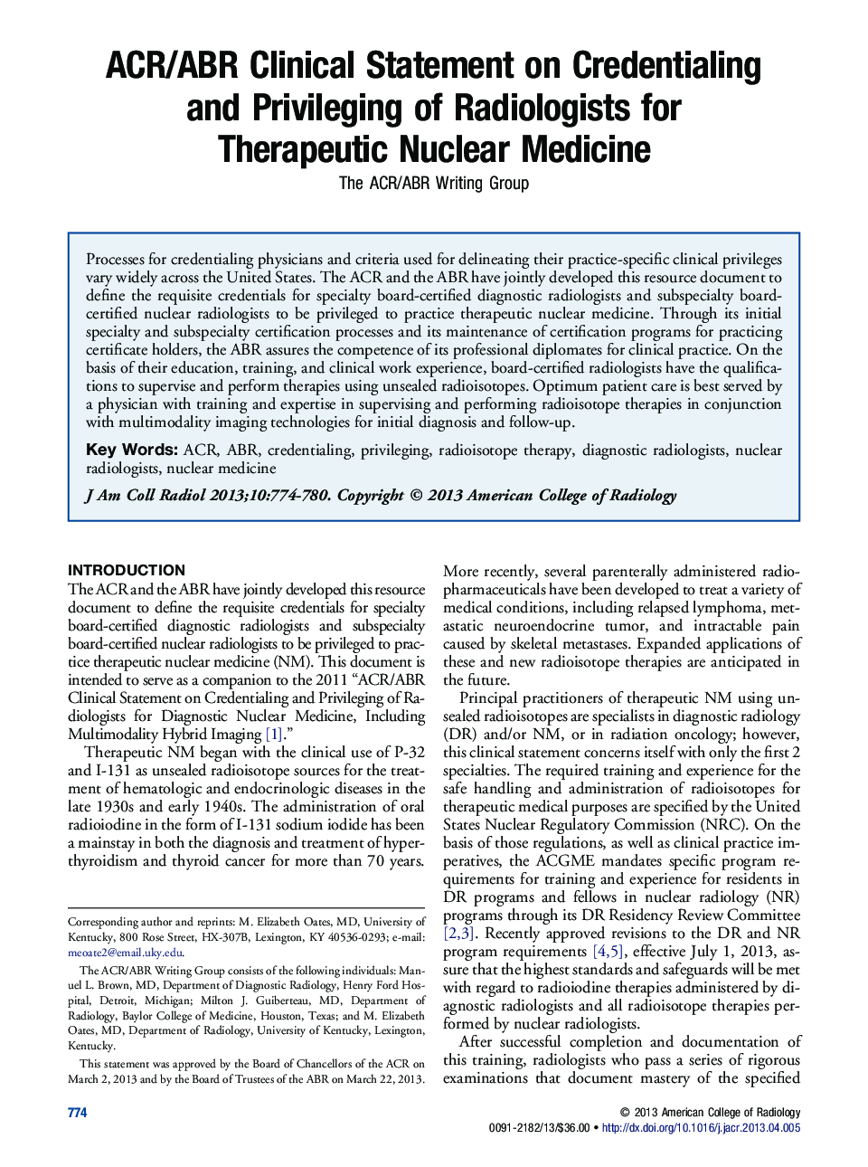 ACR/ABR Clinical Statement on Credentialing and Privileging of Radiologists for Therapeutic Nuclear Medicine