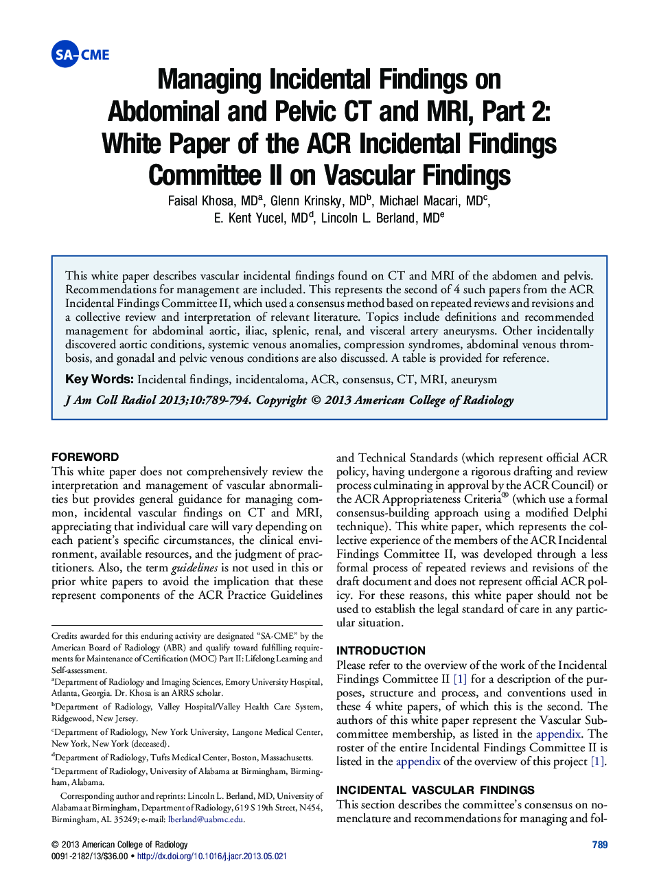 Managing Incidental Findings on Abdominal and Pelvic CT and MRI, Part 2: White Paper of the ACR Incidental Findings Committee II on Vascular Findings