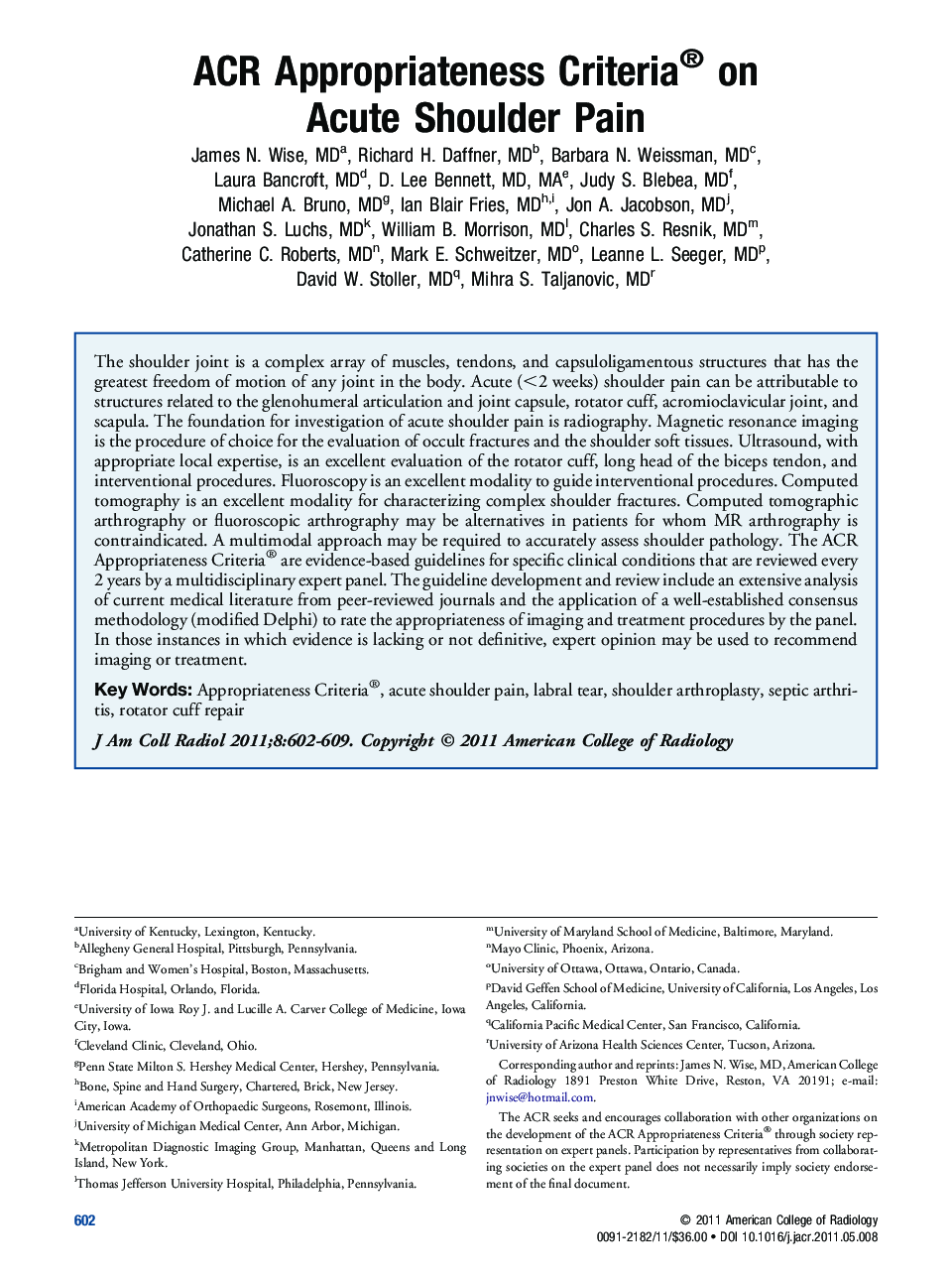 ACR Appropriateness Criteria® on Acute Shoulder Pain