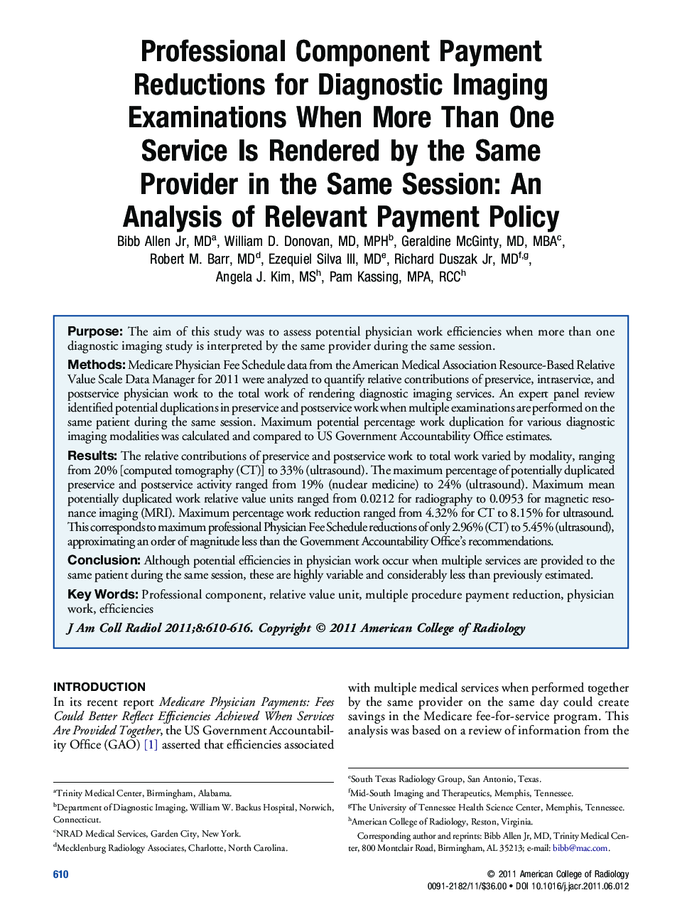 Professional Component Payment Reductions for Diagnostic Imaging Examinations When More Than One Service Is Rendered by the Same Provider in the Same Session: An Analysis of Relevant Payment Policy